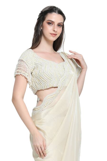 Shruti Sancheti Off White Organza Pearls Swish Embellished Border Saree With Encrusted Blouse Online at Aza Fashions Shruti Sancheti_Off White Organza Pearls Swish Embellished Border Saree With Encrusted Blouse _Online_at_Aza_Fashions