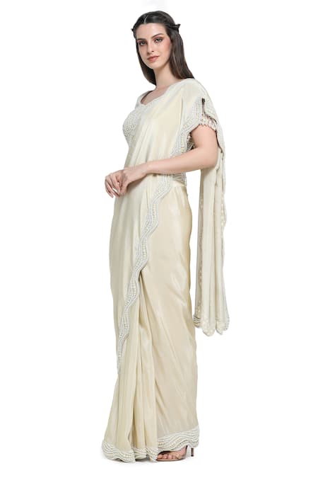 Shop Shruti Sancheti Off White Organza Pearls Swish Embellished Border Saree With Encrusted Blouse Online at Aza Fashions Shop_Shruti Sancheti_Off White Organza Pearls Swish Embellished Border Saree With Encrusted Blouse _Online_at_Aza_Fashions