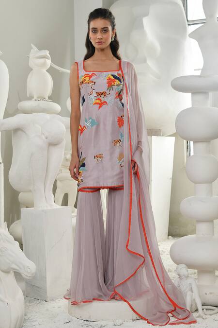 Shop_Sahil Kochhar_Purple Chanderi, Viscose, Silk Embroidery, Sequins, Amelia Botanical Kurta Set _Online_at_Aza_Fashions