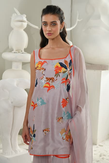 Sahil Kochhar_Purple Chanderi, Viscose, Silk Embroidery, Sequins, Amelia Botanical Kurta Set _at_Aza_Fashions