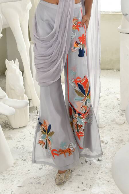 Sahil Kochhar_Blue Organza, Georgette Ceren Embroidered Sharara Saree With Draped Blouse _Online_at_Aza_Fashions