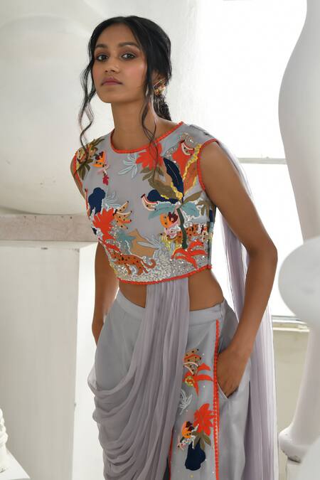 Shop_Sahil Kochhar_Blue Organza, Georgette Ceren Embroidered Sharara Saree With Draped Blouse _Online_at_Aza_Fashions