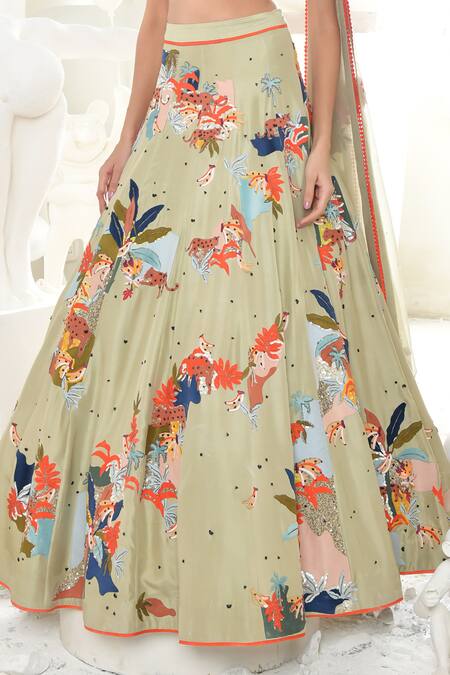 Sahil Kochhar_Green Silk Cut Work, Sequins Round Neck Geet Raw Embroidered Lehenga Set _Online_at_Aza_Fashions