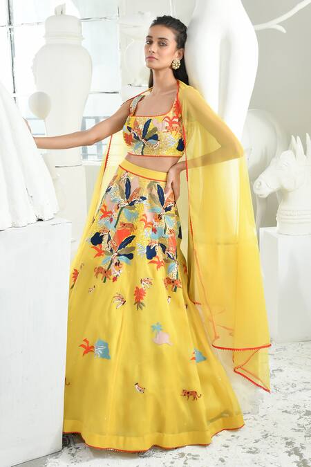 Sahil Kochhar_Yellow Organza Sequins, Cut Work Meryam Jungle And Floral Embroidered Lehenga Set _Online_at_Aza_Fashions