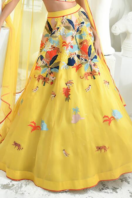 Buy Sahil Kochhar Yellow Organza Sequins, Cut Work Meryam Jungle And Floral Embroidered Lehenga Set Online at Aza Fashions Buy_Sahil Kochhar_Yellow Organza Sequins, Cut Work Meryam Jungle And Floral Embroidered Lehenga Set _Online_at_Aza_Fashions