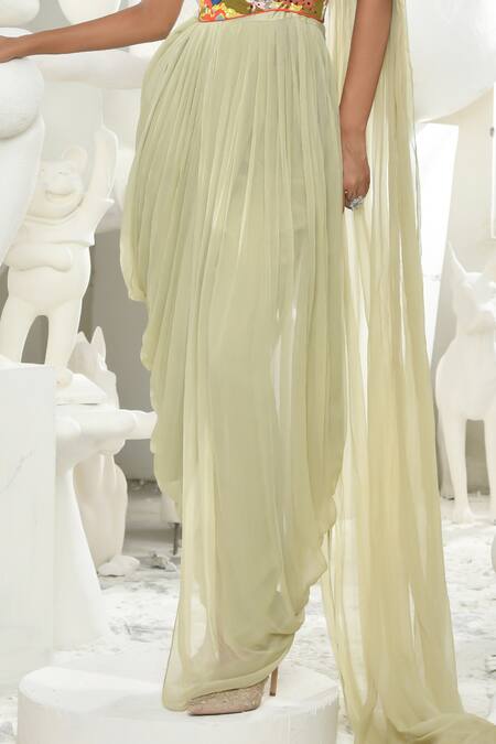 Sahil Kochhar_Green Ramie, Silk, Chiffon Sequins, Cut Work, Prisha Corset And Draped Pant Set _Online_at_Aza_Fashions