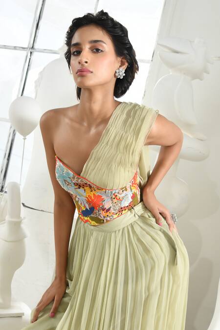 Buy_Sahil Kochhar_Green Ramie, Silk, Chiffon Sequins, Cut Work, Prisha Corset And Draped Pant Set _Online_at_Aza_Fashions