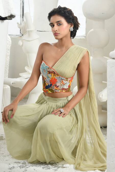 Shop_Sahil Kochhar_Green Ramie, Silk, Chiffon Sequins, Cut Work, Prisha Corset And Draped Pant Set _Online_at_Aza_Fashions