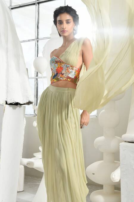 Sahil Kochhar_Green Ramie, Silk, Chiffon Sequins, Cut Work, Prisha Corset And Draped Pant Set _at_Aza_Fashions