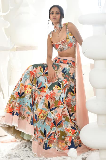 Sahil Kochhar_Pink Silk Beads, Sequins, Embroidery Square Rangrez Jungle Bridal Lehenga Set _Online_at_Aza_Fashions