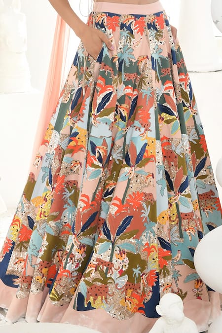 Shop Sahil Kochhar Pink Silk Beads, Sequins, Embroidery Square Rangrez Jungle Bridal Lehenga Set Online at Aza Fashions Shop_Sahil Kochhar_Pink Silk Beads, Sequins, Embroidery Square Rangrez Jungle Bridal Lehenga Set _Online_at_Aza_Fashions