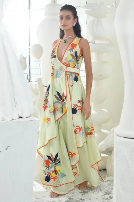 Sahil Kochhar_Green Chanderi, Georgette Embroidery Plunge Lime Jungle Angrakha And Pant Set _Online_at_Aza_Fashions