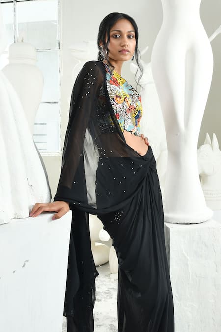 Sahil Kochhar_Black Georgette Sequins, Rosiely Placement Pre-draped Saree With Blouse _Online_at_Aza_Fashions