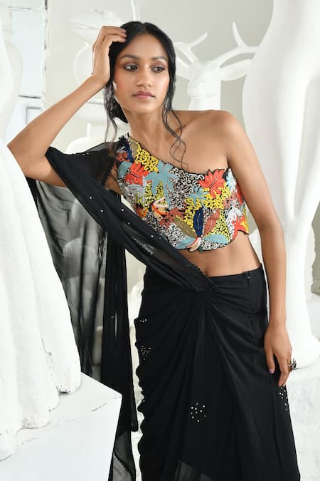 Buy_Sahil Kochhar_Black Georgette Sequins, Rosiely Placement Pre-draped Saree With Blouse _Online_at_Aza_Fashions