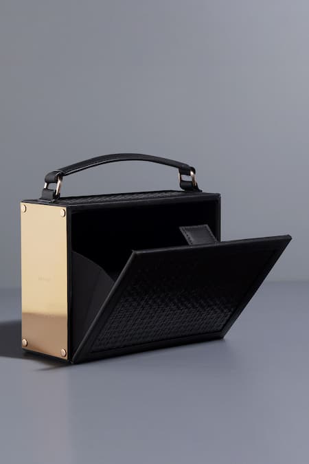 Tann-ED_Black Textured Panel Box Bag _Online_at_Aza_Fashions