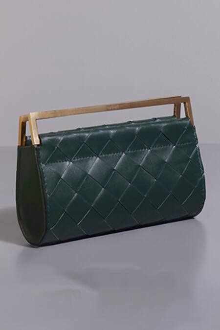 Shop_Tann-ED_Green Textured Woven Fold Over Clutch _Online_at_Aza_Fashions