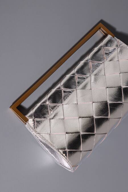 Buy_Tann-ED_Silver Textured Woven Clutch _Online_at_Aza_Fashions