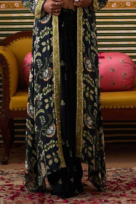 Buy_Soup By Sougat Paul_Black Crepe, Chiffon Gul Print Embellished Longline Jacket Draped Skirt Set 