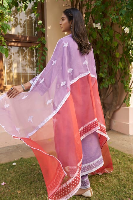 Shop_Naaz By Noor_Purple Chanderi, Organza Embroidery Round Neck Thread Work A-line Kurta Set _at_Aza_Fashions