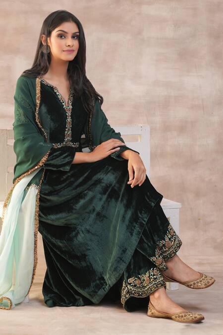 Varun Chhabra_Green Anarkali And Palazzo Velvet Embroidery Resham Notched Placket Set_Online_at_Aza_Fashions