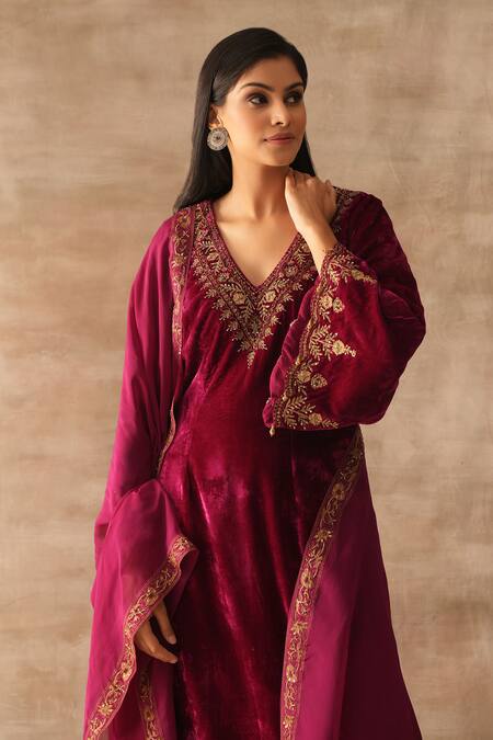 Buy Varun Chhabra Pink Cotton, Velvet, Organza Embroidery Resham Neckline Kurta Palazzo Set Online at Aza Fashions Buy_Varun Chhabra_Pink Cotton, Velvet, Organza Embroidery Resham Neckline Kurta Palazzo Set_Online_at_Aza_Fashions