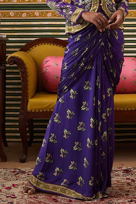 Soup By Sougat Paul_Purple Crepe Sequins, Tasnim Bloomy Print Embellished Jacket With Draped Skirt _at_Aza_Fashions
