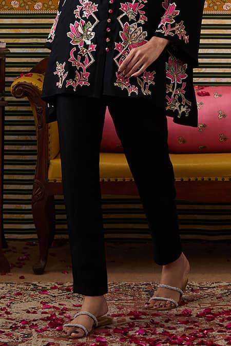 Buy Soup By Sougat Paul Black Chanderi Silk Sequins, Applique Lotus Embellished Front Open Top Pant Set Buy_Soup By Sougat Paul_Black Chanderi Silk Sequins, Applique Lotus Embellished Front Open Top Pant Set