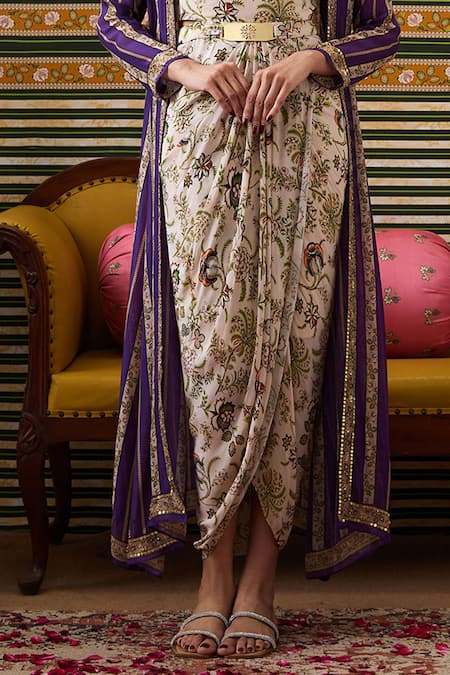 Shop_Soup By Sougat Paul_Beige Organza, Silk Florence Draped Dress With Floral Striped Jacket _Online_at_Aza_Fashions