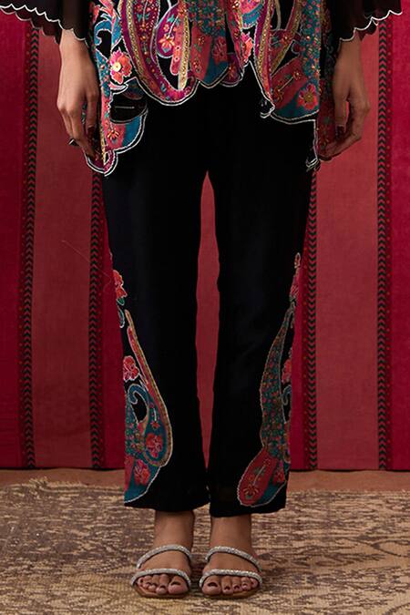 Soup By Sougat Paul_Black Chanderi Silk Sequins Paisley Blossom Applique Embellished Top With Pant _at_Aza_Fashions