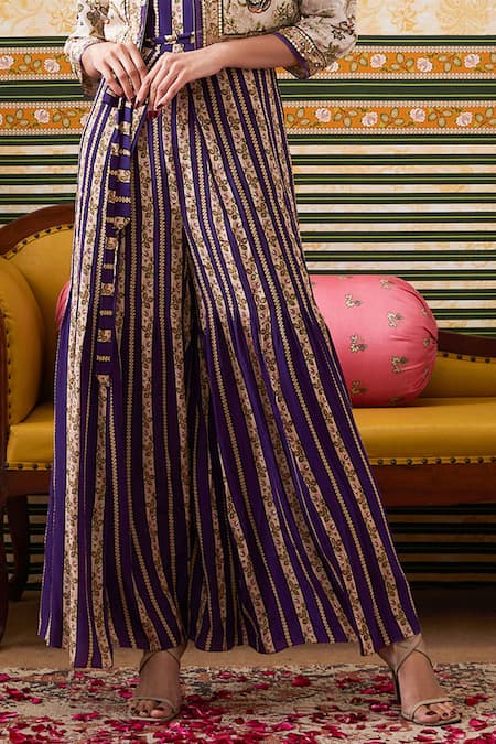 Buy Soup By Sougat Paul Purple Crepe Sequins Mandarin Collar Lily Striped Print Jumpsuit And Crop Jacket Buy_Soup By Sougat Paul_Purple Crepe Sequins Mandarin Collar Lily Striped Print Jumpsuit And Crop Jacket