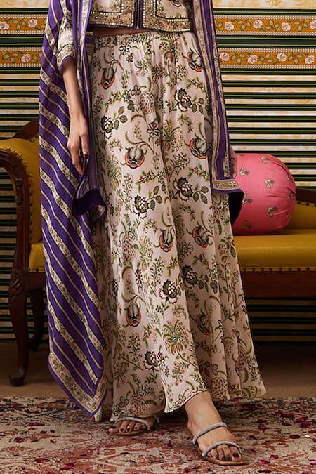 Buy_Soup By Sougat Paul_Beige Silk, Crepe Sequins, Embroidery Jasmine Bloom Print Cape Flared Pant Set 