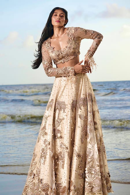 Neha & Tarun Gold Tulle, Linen Pearls, Embroidery Round Tropical Life Bridal Lehenga Set Online at Aza Fashions Neha & Tarun_Gold Tulle, Linen Pearls, Embroidery Round Tropical Life Bridal Lehenga Set _Online_at_Aza_Fashions