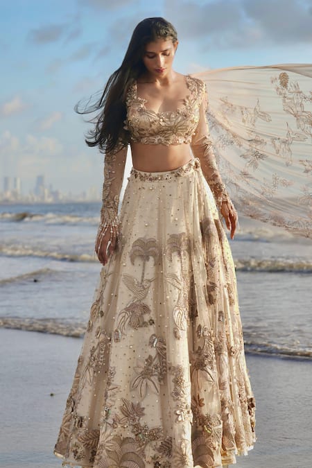 Buy Neha & Tarun Gold Tulle, Linen Pearls, Embroidery Round Tropical Life Bridal Lehenga Set Online at Aza Fashions Buy_Neha & Tarun_Gold Tulle, Linen Pearls, Embroidery Round Tropical Life Bridal Lehenga Set _Online_at_Aza_Fashions