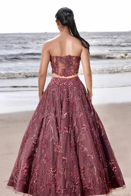 Neha & Tarun Maroon Tulle Hunting Kingfisher Aari Embroidered Lehenga Corset Blouse Set Online at Aza Fashions Neha & Tarun_Maroon Tulle Hunting Kingfisher Aari Embroidered Lehenga Corset Blouse Set _Online_at_Aza_Fashions