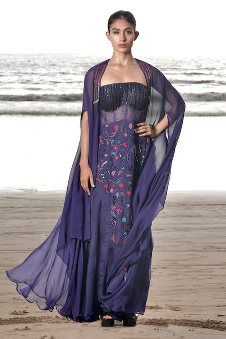 Neha & Tarun Blue Gown Organza Embroidery Sequin Cape Iris Fleur Patch Work Corset With