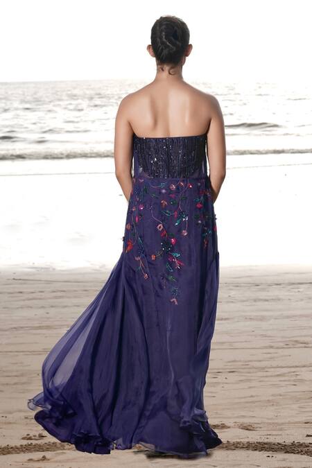 Neha & Tarun Blue Organza, Georgette Sequins, Iris Fleur Patch Work Corset Gown With Cape Online at Aza Fashions Neha & Tarun_Blue Organza, Georgette Sequins, Iris Fleur Patch Work Corset Gown With Cape _Online_at_Aza_Fashions