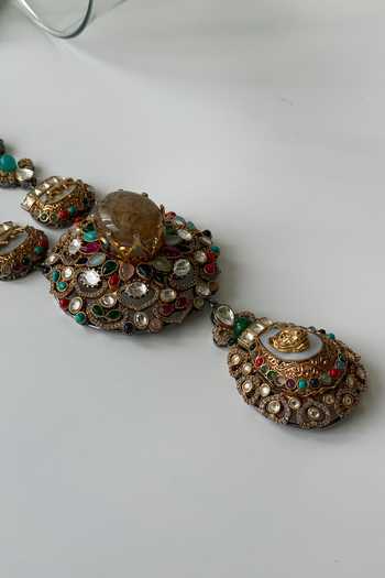 Studio6 Jewels_Multi Color Stones Carved Studded Vintage Necklace Set _Online_at_Aza_Fashions