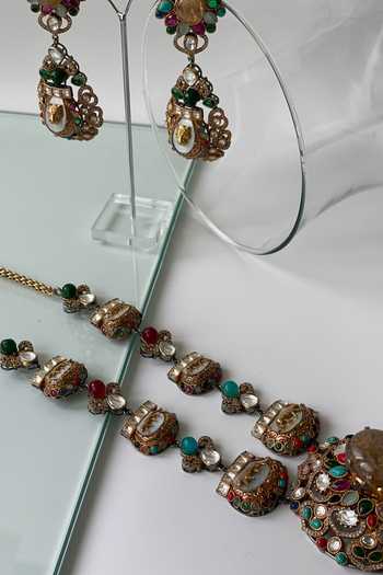 Buy_Studio6 Jewels_Multi Color Stones Carved Studded Vintage Necklace Set _Online_at_Aza_Fashions