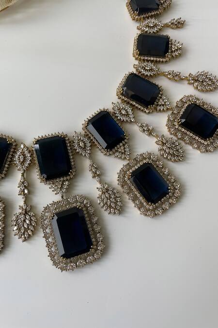 Studio6 Jewels_Blue Stones Square Embellished Drop Necklace Set _Online_at_Aza_Fashions