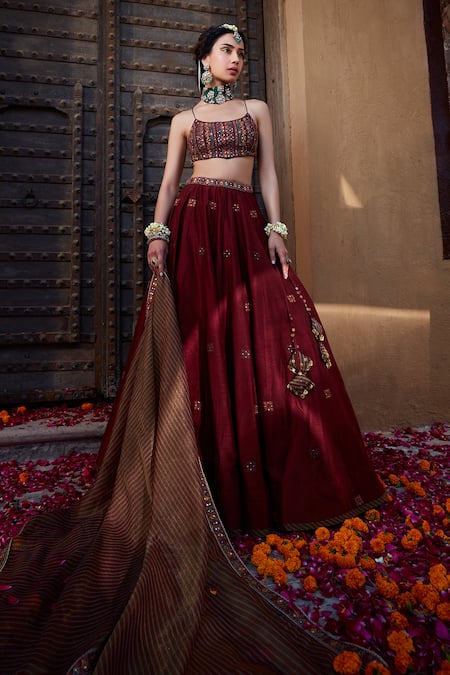 Kritika Dawar_Maroon Silk, Tissue Mirrors, Embroidery Scoop Neck Placement Lehenga Set _at_Aza_Fashions