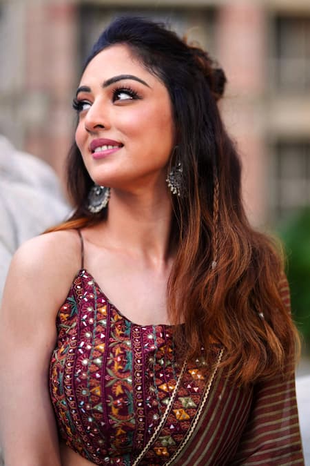 Shop_Kritika Dawar_Maroon Silk, Tissue Mirrors, Embroidery Scoop Neck Placement Lehenga Set _Online_at_Aza_Fashions