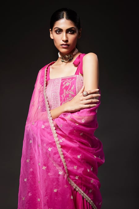Shop_Kavitha Gutta_Magenta Crepe Sequins, Zari Square Neck Tie-up Embroidered Panelled Anarkali _at_Aza_Fashions