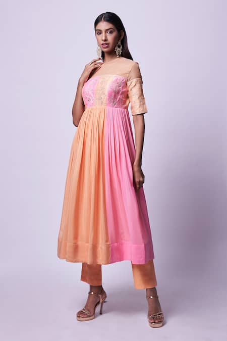 Shop Kavitha Gutta Peach Pure Raw Silk Embroidered Sequin Round Zari Ombre Anarkali With Pant at Aza Fashions Shop_Kavitha Gutta_Peach Pure Raw Silk Embroidered Sequin Round Zari Ombre Anarkali With Pant _at_Aza_Fashions