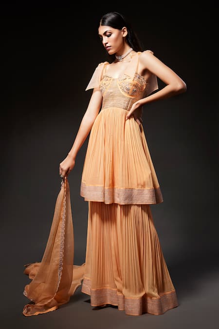 Shop Kavitha Gutta Peach Pure Banaras Zari Embroidered Sequin Zardozi Bodice Anarkali Sharara Set at Aza Fashions Shop_Kavitha Gutta_Peach Pure Banaras Zari Embroidered Sequin Zardozi Bodice Anarkali Sharara Set _at_Aza_Fashions