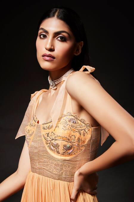 Buy Kavitha Gutta Peach Pure Banaras Zari Embroidered Sequin Zardozi Bodice Anarkali Sharara Set Online at Aza Fashions Buy_Kavitha Gutta_Peach Pure Banaras Zari Embroidered Sequin Zardozi Bodice Anarkali Sharara Set _Online_at_Aza_Fashions