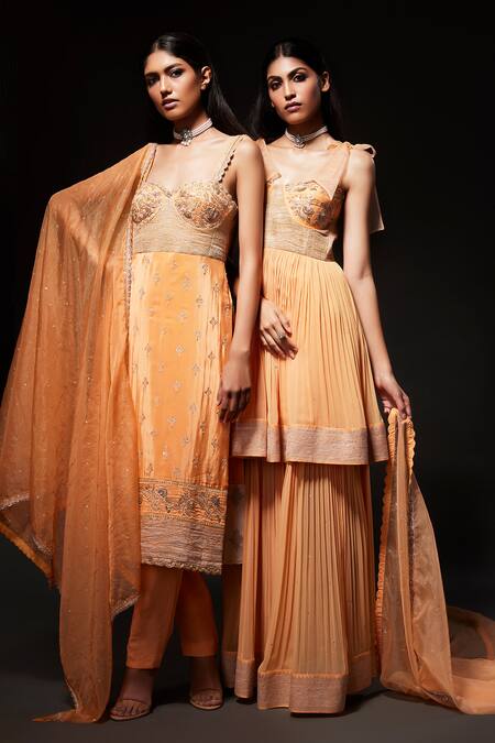 Shop Kavitha Gutta Peach Pure Banaras Zari Embroidered Sequin Zardozi Bodice Anarkali Sharara Set Online at Aza Fashions Shop_Kavitha Gutta_Peach Pure Banaras Zari Embroidered Sequin Zardozi Bodice Anarkali Sharara Set _Online_at_Aza_Fashions