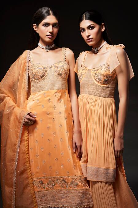 Kavitha Gutta Peach Pure Banaras Zari Embroidered Sequin Zardozi Bodice Anarkali Sharara Set at Aza Fashions Kavitha Gutta_Peach Pure Banaras Zari Embroidered Sequin Zardozi Bodice Anarkali Sharara Set _at_Aza_Fashions