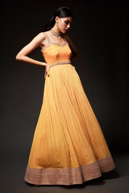 Shop Kavitha Gutta Peach Pure Raw Silk Embroidered Sequin Sweetheart Zari Anarkali With Pant at Aza Fashions Shop_Kavitha Gutta_Peach Pure Raw Silk Embroidered Sequin Sweetheart Zari Anarkali With Pant _at_Aza_Fashions