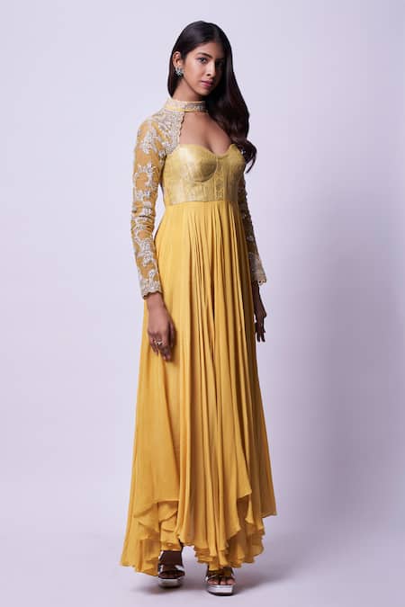 Shop Kavitha Gutta Yellow Pure Banaras Zari Embroidered Sequin Band Collar Cut-out Anarkali at Aza Fashions Shop_Kavitha Gutta_Yellow Pure Banaras Zari Embroidered Sequin Band Collar Cut-out Anarkali _at_Aza_Fashions