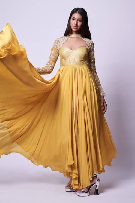 Kavitha Gutta Yellow Pure Banaras Zari Embroidered Sequin Band Collar Cut-out Anarkali Online at Aza Fashions Kavitha Gutta_Yellow Pure Banaras Zari Embroidered Sequin Band Collar Cut-out Anarkali _Online_at_Aza_Fashions